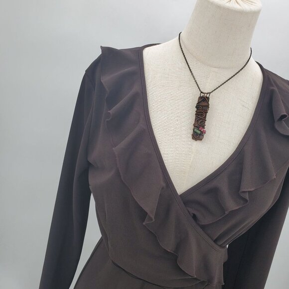 Express Womens Long Bell Sleeve Surplice Ruffle‎ Dress Sz 5/6 Brown Midi V-Neck - Picture 5 of 14